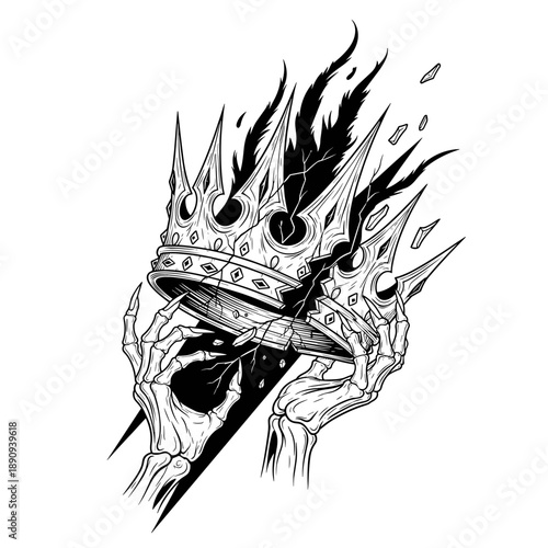 Skeleton hands holding a burning crown in a dark, dramatic illustration.