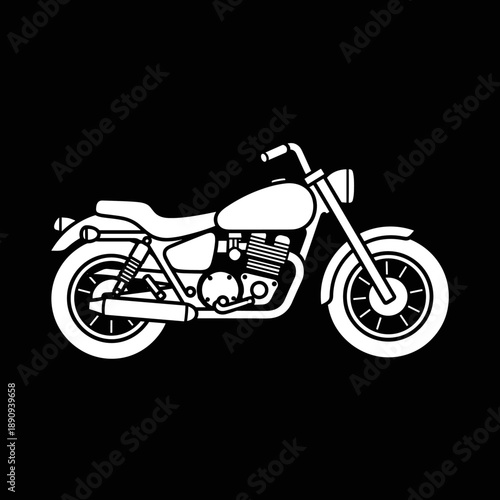 White motorcycle illustration on a black background.