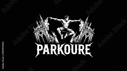 Dynamic Parkour Athlete Leaping Between Gothic Structures.