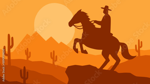 cowboy riding a horse in a desert panoramic scenery wild west sunset landscape view flat color vector illustration template design