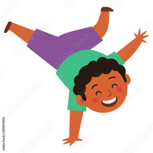 Kid standing on one hand flat color vector illustration template design