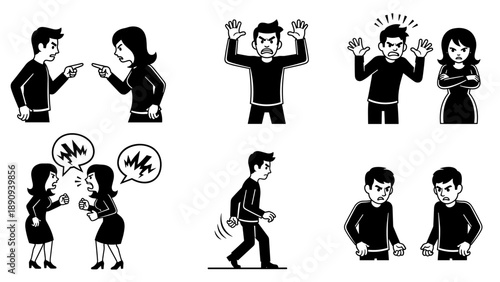 Monochromatic illustrations of people experiencing conflict and anger.