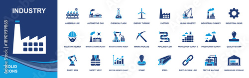 Industry icon set. Containing factory, assembly line, manufacturing plant, robot arm, mining pickaxe, pipeline flow, industrial chimney, steel, warehouse and more. Solid fill vector icons collection