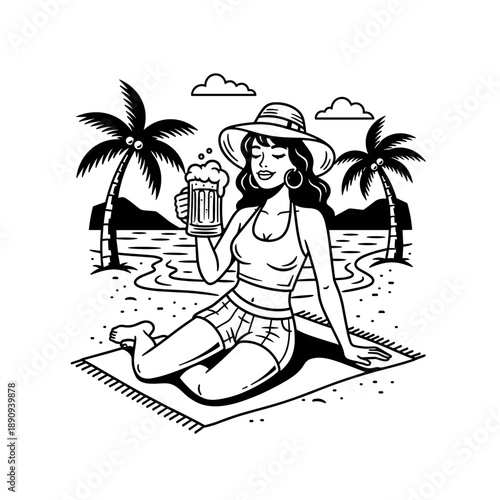 Young woman enjoying a refreshing beer on a sunny beach vacation.