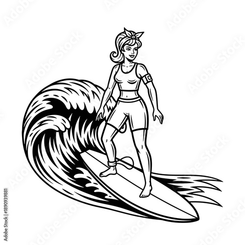 Retro surfer girl riding a large ocean wave with style.