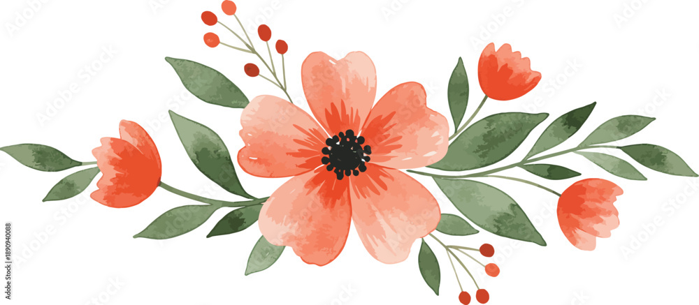 Fototapeta premium Watercolor floral arrangement with peach colored flowers and green leaves on white background