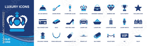 Luxury icon set. Containing crown, diamond, champagne, caviar, designer handbag, VIP, private jet, yacht, luxury car, watch, mansion, gold, and more. Solid fill vector icons collection