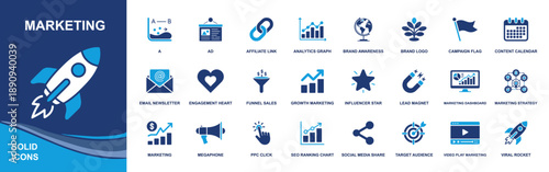 Marketing icon set. Containing ads, affiliate link, analytics graph, brand awareness, email newsletter, sales funnel, lead magnet, SEO ranking, social media share and more. Solid fill vector icons col