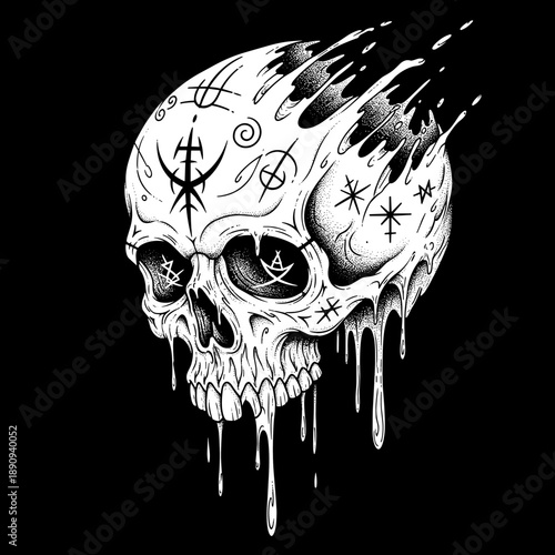 Melting skull with occult symbols and dripping effect.