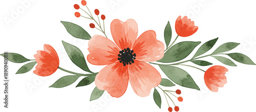 Watercolor floral arrangement with peach colored flowers and green leaves on white background