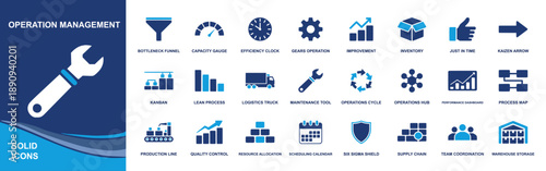 Operations management icon set. Containing kanban, lean process, logistics, inventory, maintenance, quality control, process map, scheduling and more. Solid fill vector icons collection