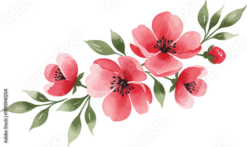 Watercolor illustration of pink flowers with green leaves on white background