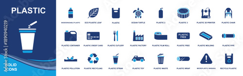 Plastic icon set. Containing plastic bottle, bag, straw, container, cutlery, film roll, pipe, recycling, plastic free label, microplastic warning and more. Solid fill vector icons collection