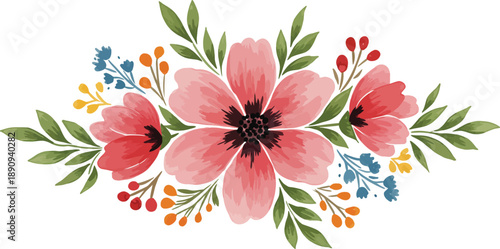 Watercolor floral arrangement with pink flowers and colorful leaves and blossoms on white background