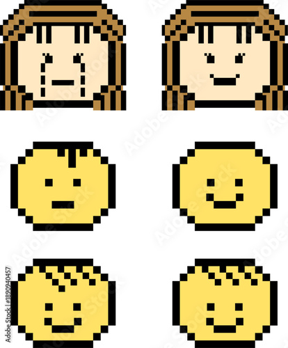 Pixel art of various faces for decoration, mood, feelings, emotion, expression, human, head shapes, people, icon, art, sketch, tattoo, back to school, print, cartoon, character, plush toy, kid doll