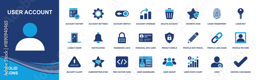 User account icon set. Containing account settings, history, switch, upgrade, delete, login key, fingerprint, password lock, privacy shield, profile edit and more. Solid fill vector icons collection