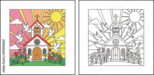 Christian church building with bells, flying white doves, and spring flowers garden. Vector illustration set with colored version and black and white coloring page outline for children.