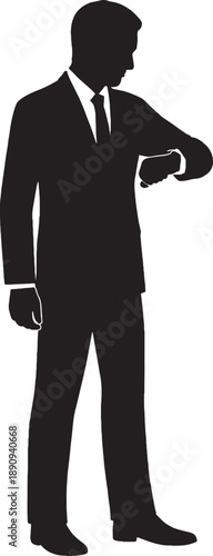 Silhouette of a man in a business suit checking his wristwatch