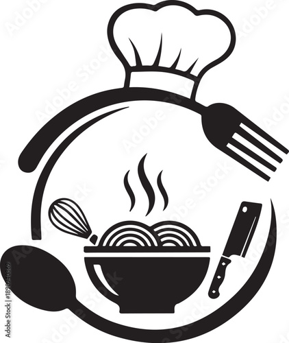 Culinary vector with chef’s hat, steaming noodle bowl, and kitchen utensils in black-and-white circular composition