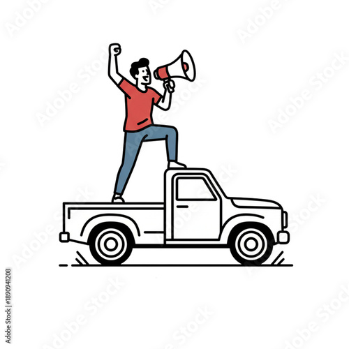 A young man demonstrates using a loudspeaker on a pickup truck. Isolated on a white background.