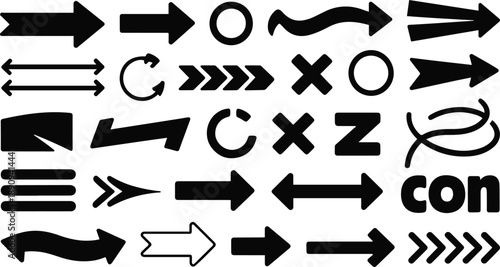 Collection of black arrow and symbol icons on white background Keywords: arrow, icon, symbol