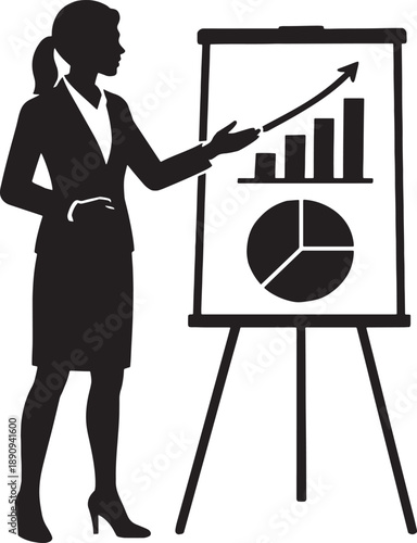 Businesswoman presenting data on a flip chart with graphs and charts