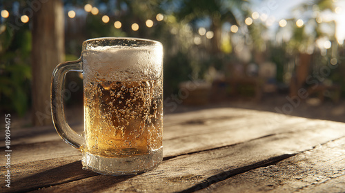 A refreshing mug of frothy ale sits on a weathered wooden table, a testament to convivial gatherings and moments of relaxation. The warm, inviting light sets the scene for a perfect evening