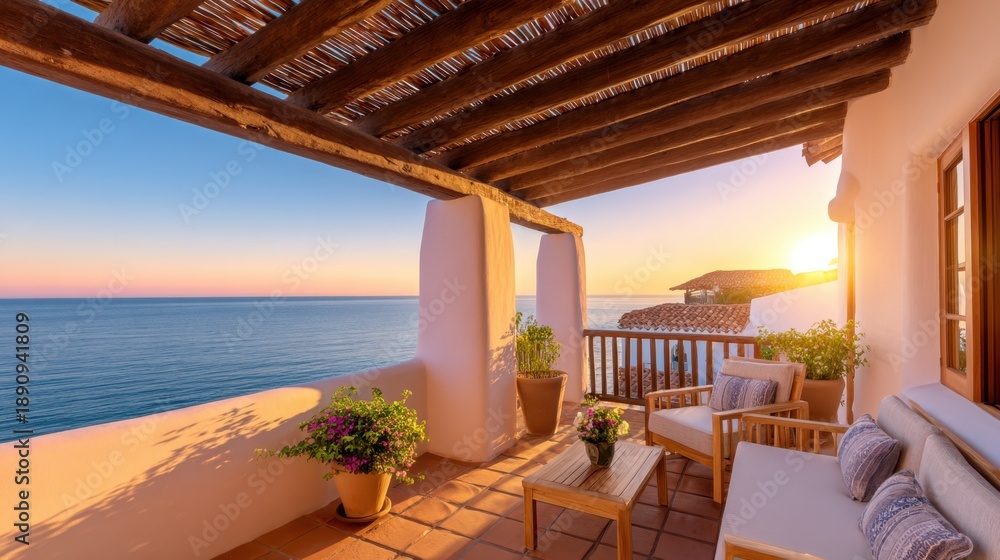 Obraz premium Seaside terrace at sunset with wooden beams white walls, cushioned seating, potted plants and open ocean view