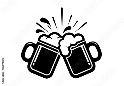 Cheering beer mugs clinking with foam explosion isolated on white background, celebration vector illustration