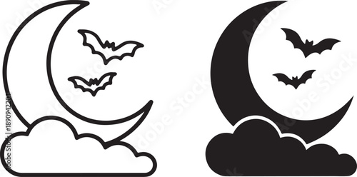 Halloween night icon with moon and bat in bold and outline style, clean vector illustration.