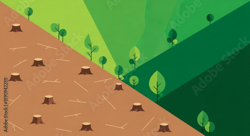 Deforestation contrast tree stumps on barren land versus lush green forest with new growth environmental damage concept