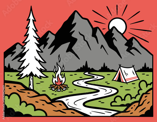 Mountain illustration outdoor adventure for t-shirt. Vintage camping artwork design for apparel. Pine tree and bonfire sketch. Wild nature expedition