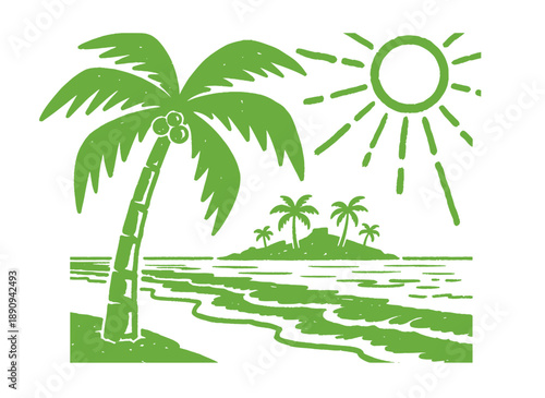 Beach vibes artwork for t shirt print, poster, sticker. Tropical paradise design. Summer good vibes vector graphic design. Palm tree and sun hand draw