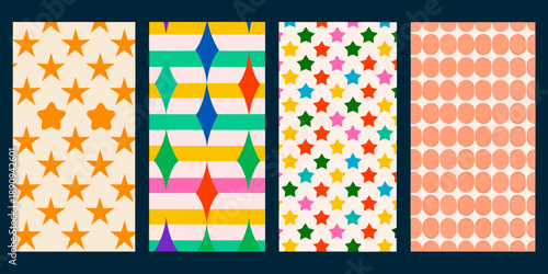 Four vibrant patterned rectangles displaying stars diamonds and circles