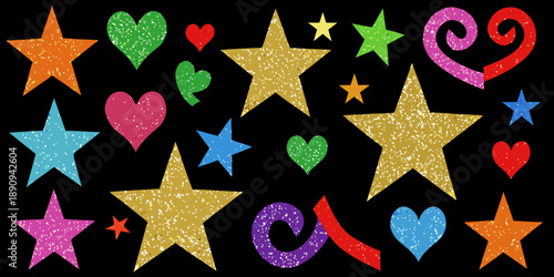 Colorful assortment of glittery stars and hearts against a black background