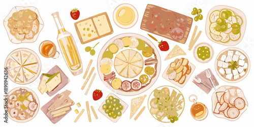 Overhead view of a colorful and diverse spread of illustrated food items
