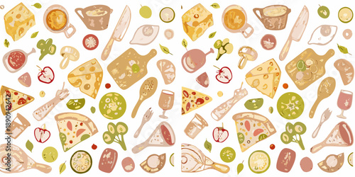 A colorful collection of food items arranged in a seamless pattern