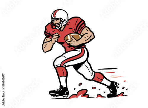 Football player artwork for apparel design. Running back athlete illustration. Sports mascot graphic print. American football league design. Dynamic a