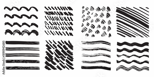 Collection of various black ink stroke patterns and textures