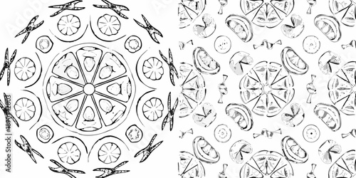 Black and white repeating pattern of citrus fruit and dragonfly illustrations