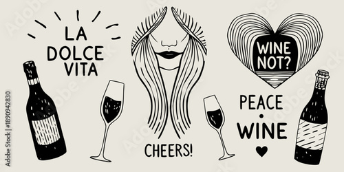 A whimsical illustration featuring wine hearts and italian phrases