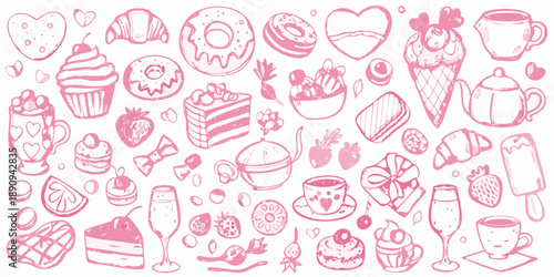 A charming collection of pink sketched desserts and sweet treats