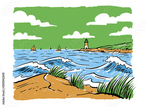 Coastal lighthouse vintage resort artwork. Summer beach landscape illustration for t-shirt print. Ocean waves and dune grass sketch. Vacation paradise