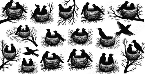 Bird family silhouettes sitting in nests on tree branches, wildlife illustration set, nature concept, black vector design isolated white background