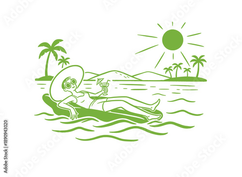 Summer good vibes vintage vector graphic. Happy holiday resort artwork. Woman relaxing on floating mattress with cocktail. Tropical island beach party