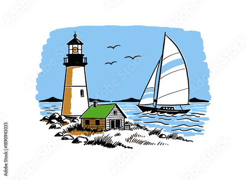 Lighthouse and sailboat vintage artwork design. Coastal summer holiday theme graphic. Nautical scene vector illustration for print. Ocean sailing yach
