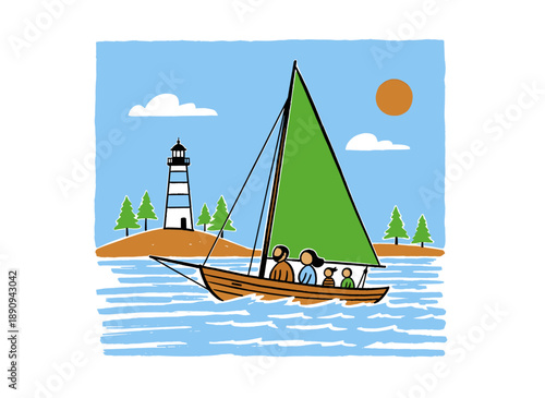 Family sailing adventure graphic print. Coastal travel illustration for apparel. Lighthouse vintage artwork design. Summer holiday vacation design. Ou