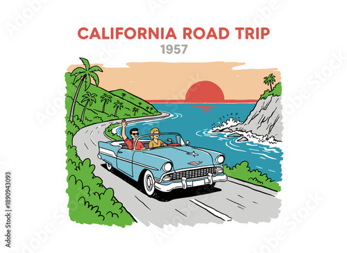 California road trip design. America vintage resort artwork. Coastal travel graphic print design for t shirt. Retro couple enjoying summer vacation. V