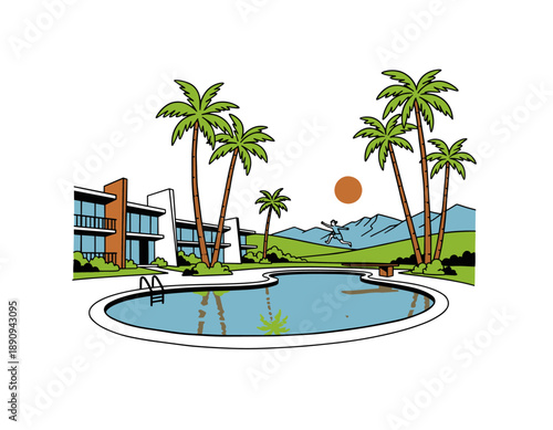 Vintage resort pool artwork for apparel. Summer holiday travel illustration. Retro hotel vacation graphic design. Mid century modern style drawing. Pa