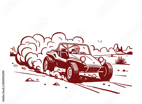 Dune buggy vintage illustration. Off road racing adventure graphic print. Desert speed rally artwork for apparel. Extreme sand driving challenge logo